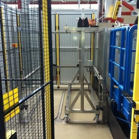 Be- und Entladestation mit Chargierwagen Maschinenschutzzaun- Mit Hilfe von Codeblechen erkennt das System welche Ware sich darin befindet und startet das entsprechende Programm
